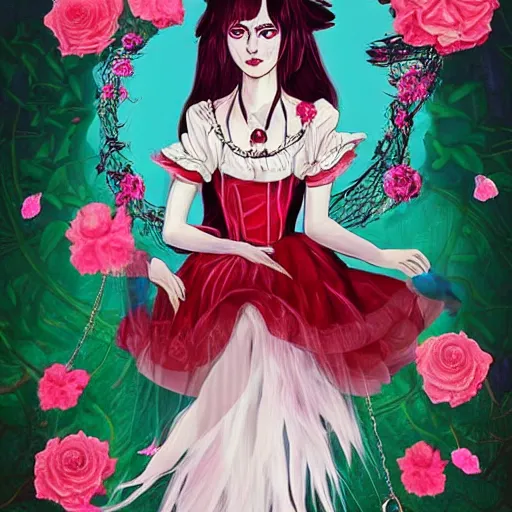 Image similar to Alice in Wonderland at the tea party, she looks like a mix of Grimes and zoë kravitz, very long fingernails, childlike, hair and dress billowing dramatically in the wind, wearing heaving stacks of pearl necklaces, surrounded by red and white roses, digital illustration, inspired by a stylistic blend of Aeon Flux, Japanese shoujo manga, and John singer Sargent paintings, hyper detailed, dreamlike, otherworldly and ethereal!!!!! delicate, flower petals, super photorealistic!! extremely fine inking lines, gradient colors