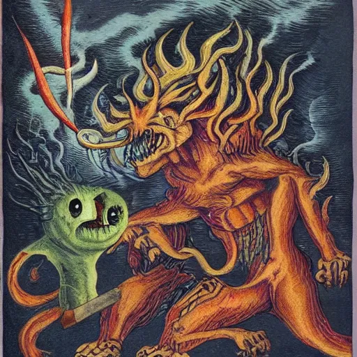 Image similar to bizarre bestiary of repressed emotional monsters and creatures starting a fiery revolution in the psyche