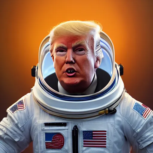 Image similar to Donald Trump with astronaut body, realistic artstyle, wide shot, dramatic lighting, octane render, hyperrealistic, high quality, highly detailed, HD, beautiful, cinematic, 8k, unreal engine, facial accuracy, symmetrical