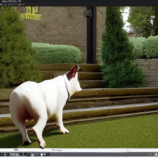 Image similar to bull terrier bounces up stairs rendered in unreal engine