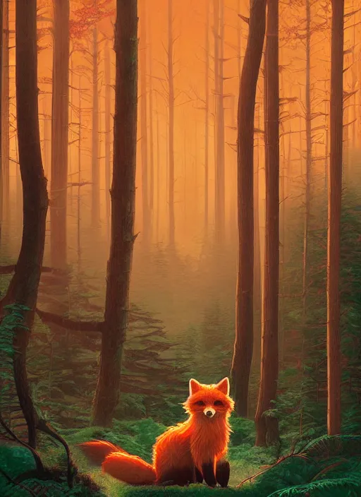 Prompt: Twin Peaks poster artwork by Michael Whelan and Tomer Hanuka, Rendering of a cute furry fox sitting in a magical forest, by Makoto Shinkai and thomas kinkade, Matte painting, trending on artstation and unreal engine