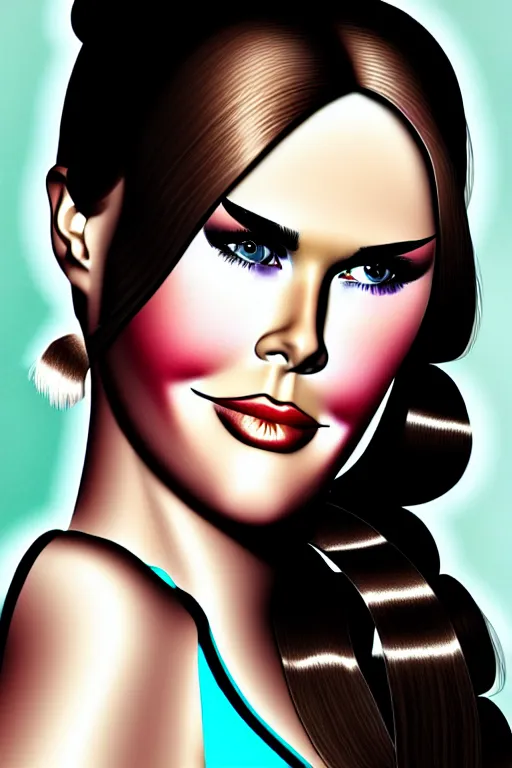 Image similar to mix of beautiful young maria shriver, mariel hemmingway, brooke shields, nicole kidman and elle macpherson as a dominatrix, thin lips, hair tied up in a pony tail, dark blonde hair, colorful, deviantart, artstation, cgsociety