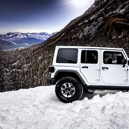 Image similar to white jeep wrangler driving up snow covered mountain on edge of a cornice, dramatic lighting, cinematic, photo realism