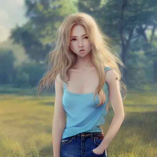 Image similar to a very beautiful anime girl, full body, long wavy blond hair, sky blue eyes, full round face, short smile, cute top, short jeans, summer lake setting, cinematic lightning, medium shot, mid-shot, highly detailed, trending on Artstation, Unreal Engine 4k, cinematic wallpaper by Stanley Artgerm Lau, WLOP, Rossdraws, and Sakimichan