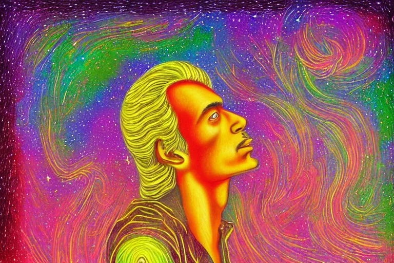 Prompt: digital art of a spiritual man looking up at the stars, glowing light, acrylic art, universe, painting, pastel colors, alex grey,