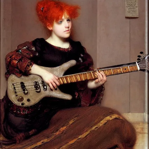 Image similar to Redhead goth girl playing electric guitar, oil painting by Lawrence Alma-Tadema, masterpiece