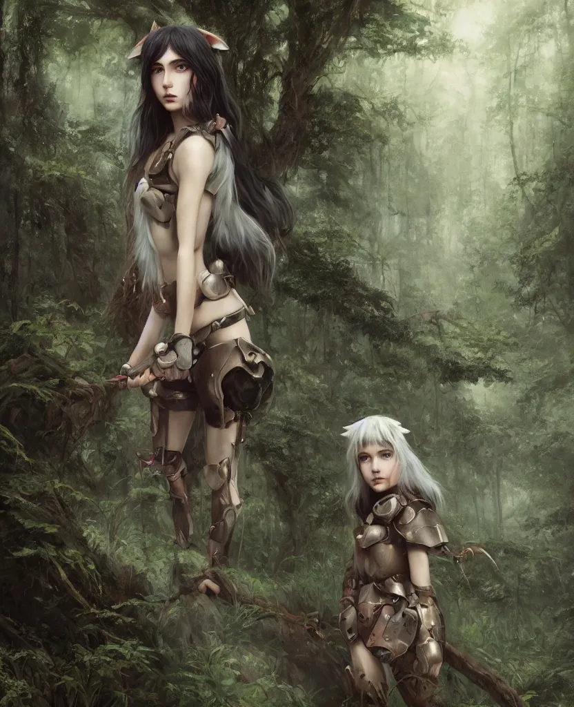 Image similar to portrait of Princess Mononoke girl, fully clothed in armor, lush forest landscape, painted by tom bagshaw, proko, artgerm, norman rockwel, james gurney, denoised, sharp, architectural