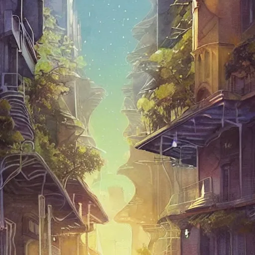 Image similar to Beautiful happy picturesque charming sci-fi city in harmony with nature. Beautiful light. Nice colour scheme, soft warm colour. Beautiful detailed watercolor by Lurid. (2022)