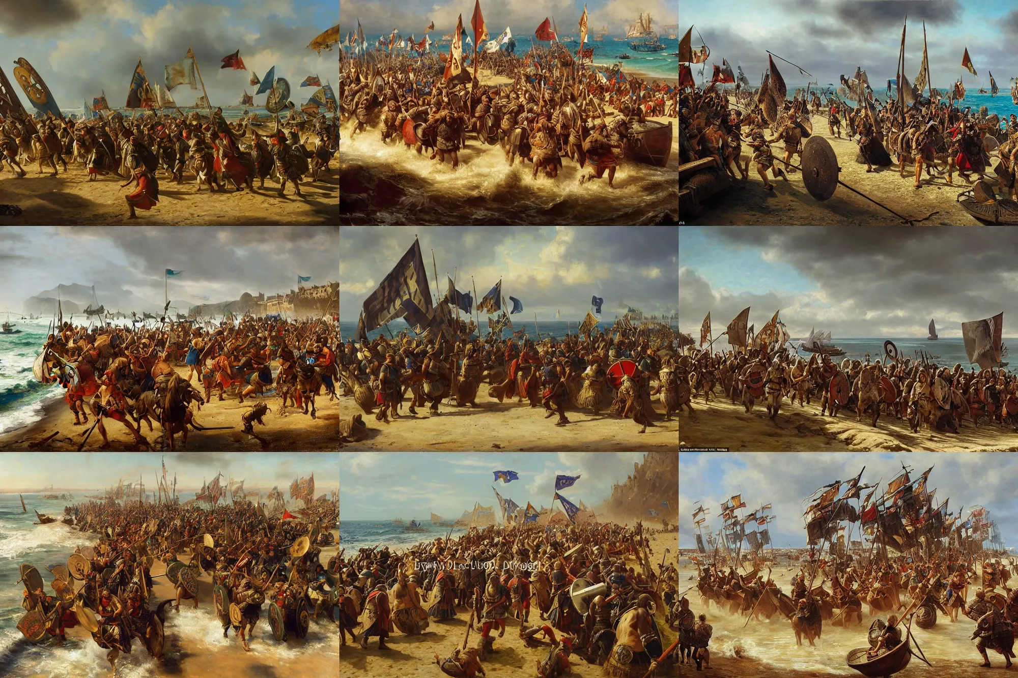 Prompt: viking army rushing through the beach from from their Viking ships, ready for battle by Ludwig Deutsch and Rudolf Ernst, colorful architecture, strong dramatic cinematic lighting, lost civilizations, smooth, sharp focus, extremely detailed