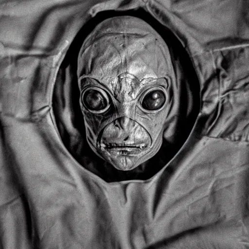 Image similar to an alien autopsy, realistic, vintage, grainy, old style photo, sepia, dark, medical lighting, masked doctors, clear alien face, grey skin