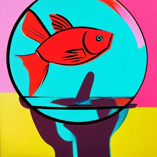 Prompt: a woman holding a fish bowl with fish inside. bow on top. oil on canvas. art in the style of Andy Warhol. trending on artstation