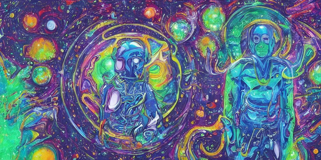 Image similar to high detailed painting of a psychedelic android in a mystic spiritual world, the war of spirits in the cosmos