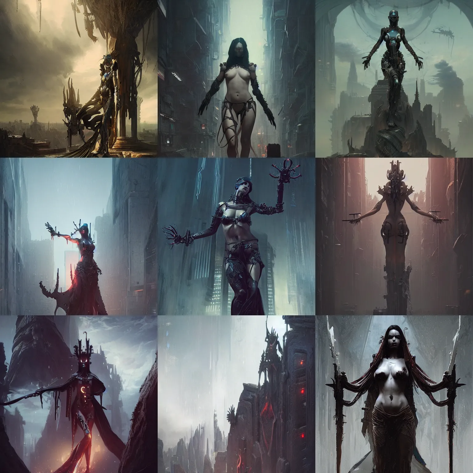 Prompt: Lovely full bodied lustful 6 armed cyberpunk priestess , carved , epic , Post-processing , low angle , Greg rutkowski legendary matte painting , masterpiece