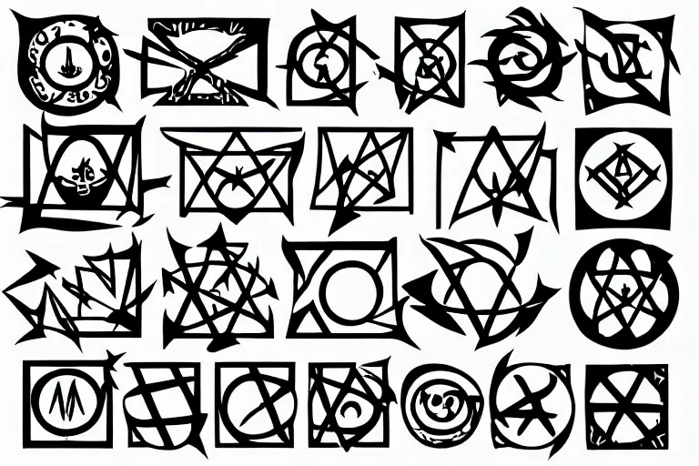 Prompt: lemegeton demonic sigils diagram clean shapes by bauhaus sprite sheet, b & w, vector