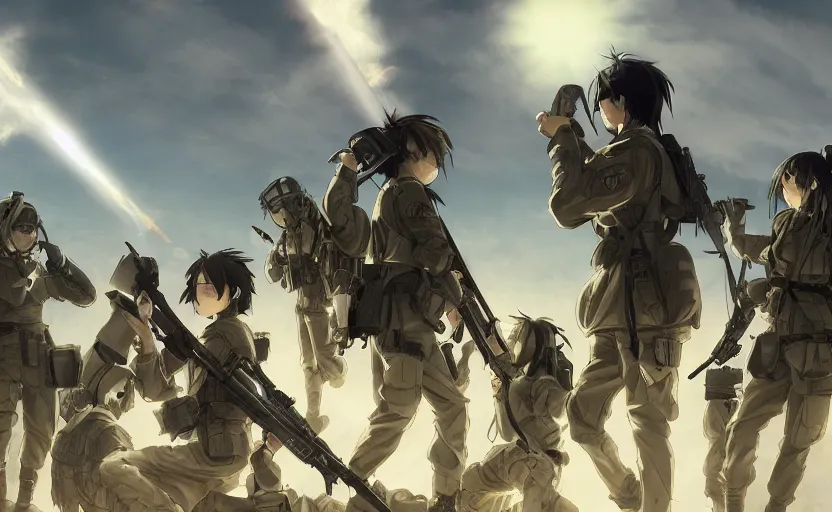 Prompt: anime style, modern warfare, panoramic view, searchlights in background, soldier clothing, hair down, real faces, symmetrical facial features, from arknights, hyper realistic, wallpaper, detailed drawing, trending pixiv, safebooru, volumetric lights, realistic lighting, by alphonse mucha, greg rutkowski, sharp focus, backlit, mechanized transport