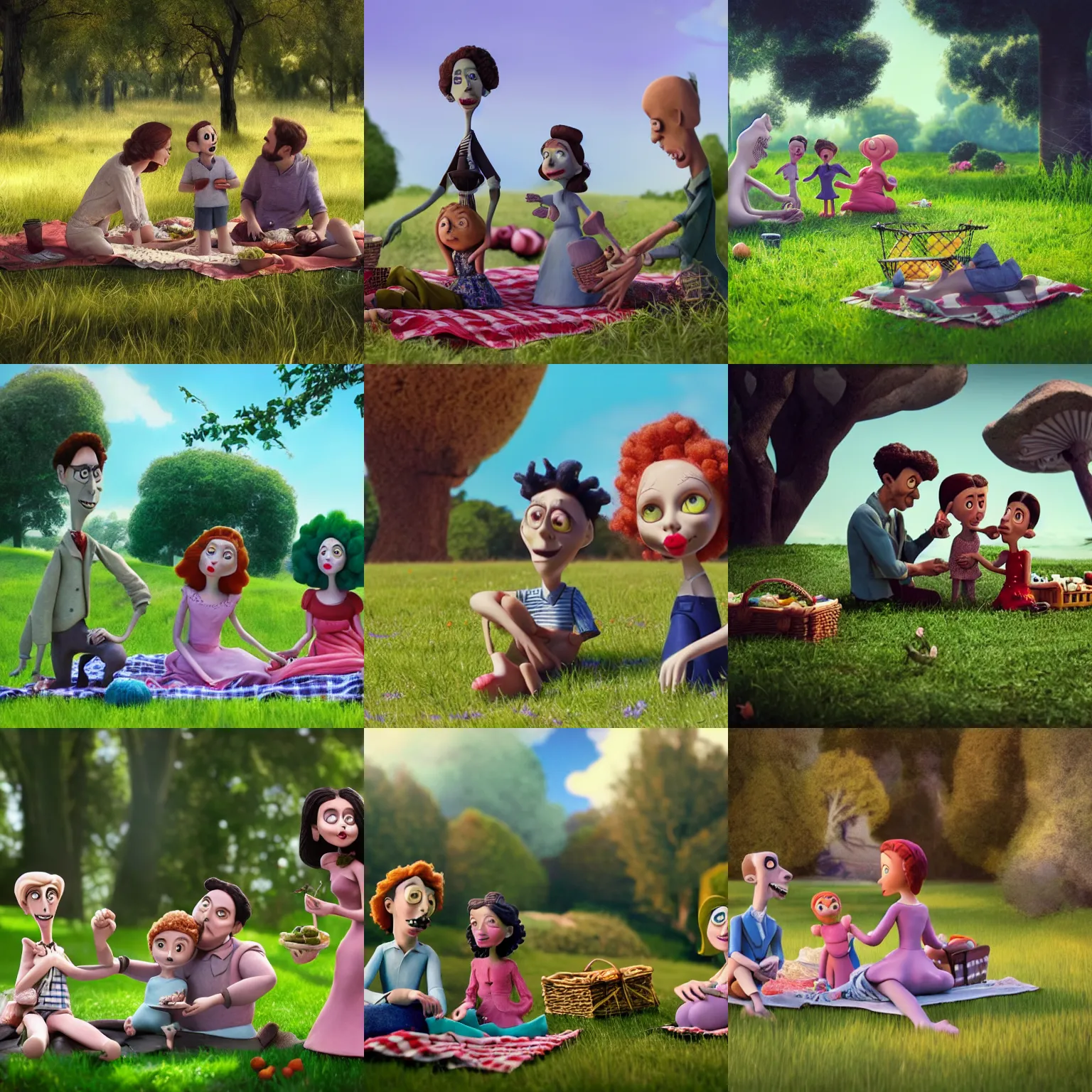 Prompt: Claymation of a beautiful family enjoying a picnic on a splendid spring afternoon, in the style of Tim Burton, CGsociety, rendered in octane, Hyperdetailed