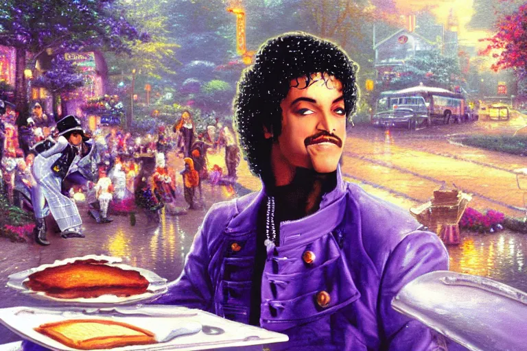 Prompt: thomas kinkade painting of prince from purple rain serving pancakes