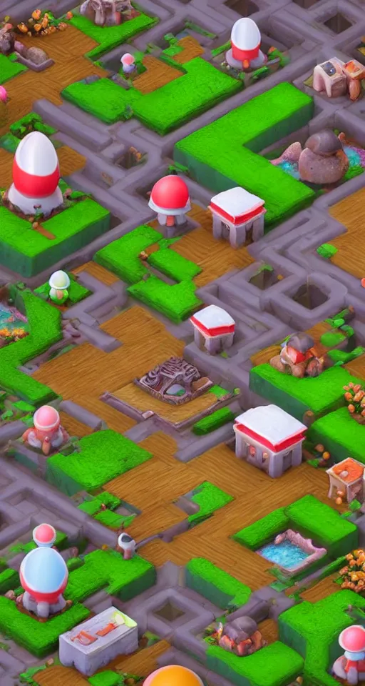 Image similar to a cute little isometric mushroom village garden, trending on artstation, 3d render, monument valley, fez video game,