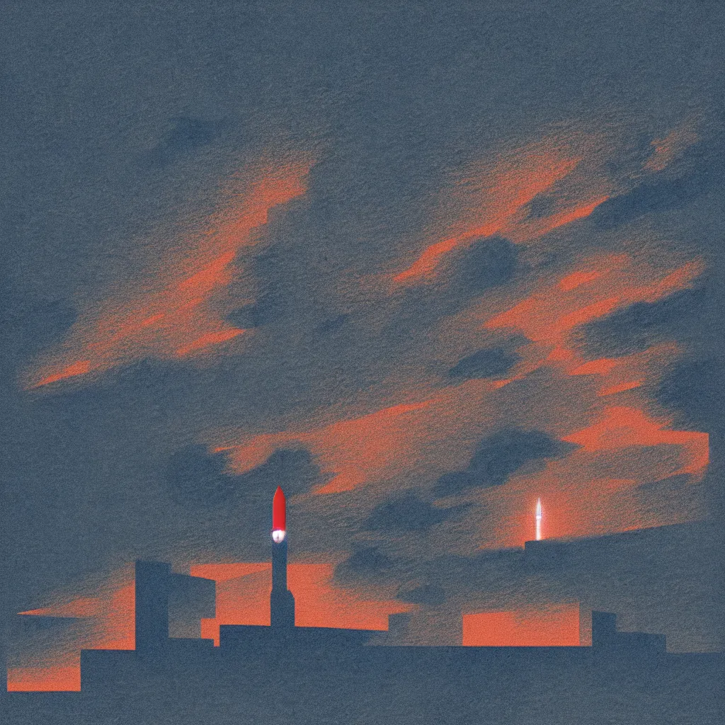 Image similar to rocket launch through clouds, mads berg, karolis strautniekas, film noir, stippled light, dramatic lighting, editorial illustration, detailed, fine texture, matte print, art deco, brutalism, dark blue + dark orange, red, black, ( ( habitat 6 7 background ) )