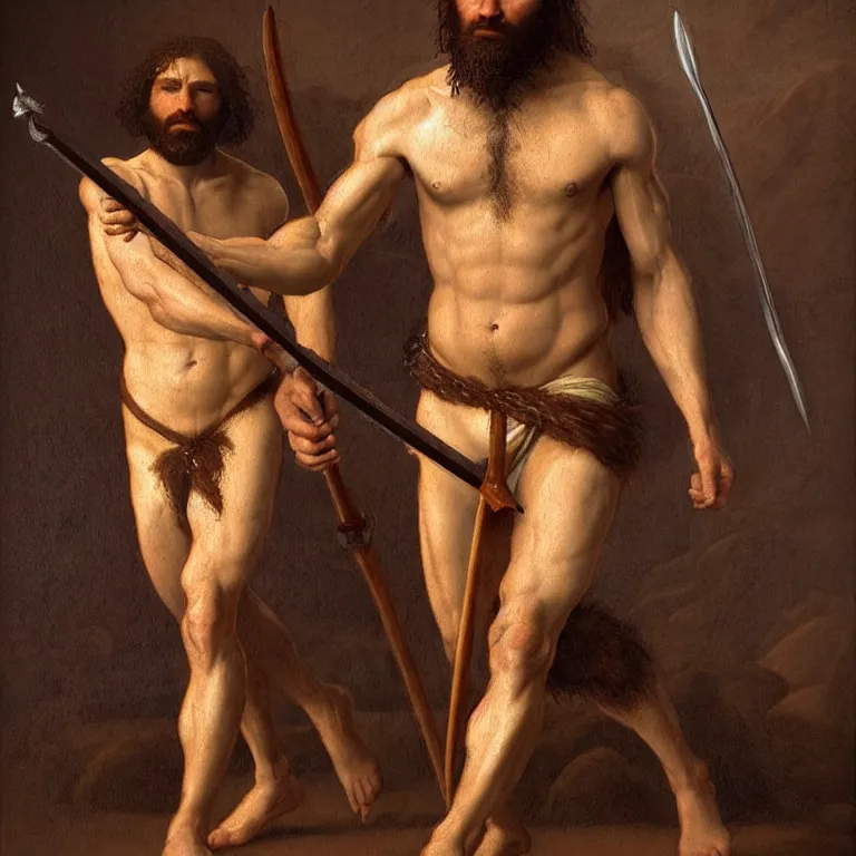 Prompt: renaissance painting full body portrait of a gruff ranger with a spear, lean and toned, handsome face, hairy chest and hairy body, D&D, intricate, elegant, highly detailed, digital painting, artstation, concept art, matte, sharp focus, chiaroscuro, well list, illustration, art by da Vinci, Artgerm and Greg Rutkowski and Alphonse Mucha