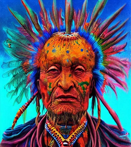 Image similar to Portrait painting in a style of Beksinski mixed with Alex Grey of an old shaman dressed in a colorful traditional clothes.