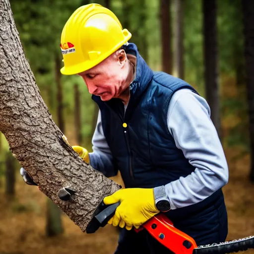 Prompt: putin with a chainsaw, cutting a tree. he wears a yellow safety helmet. canon eos r 3, f / 1. 4, iso 2 0 0, 1 / 1 6 0 s, 8 k, raw.