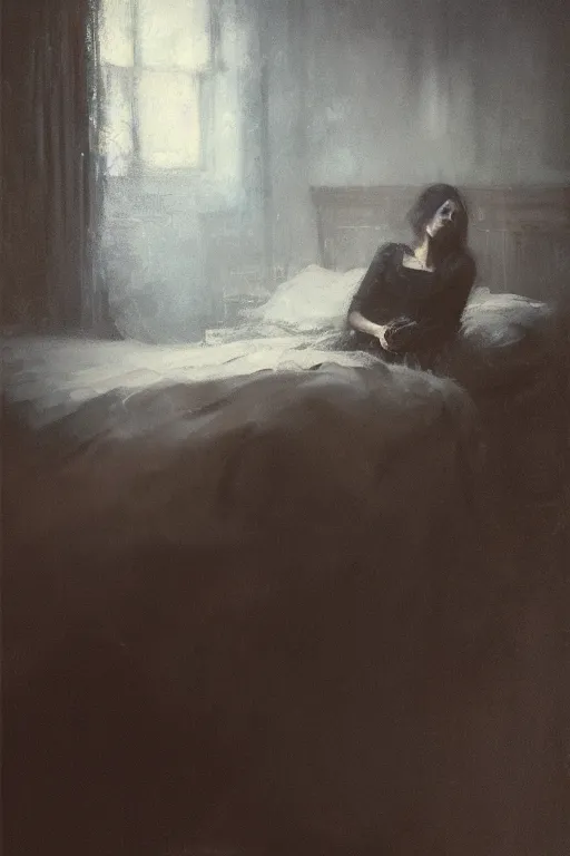 Image similar to detailed cinematic moody colors studio portrait of the memories of a lady in bed, high quality by jeremy mann, only one head single portrait