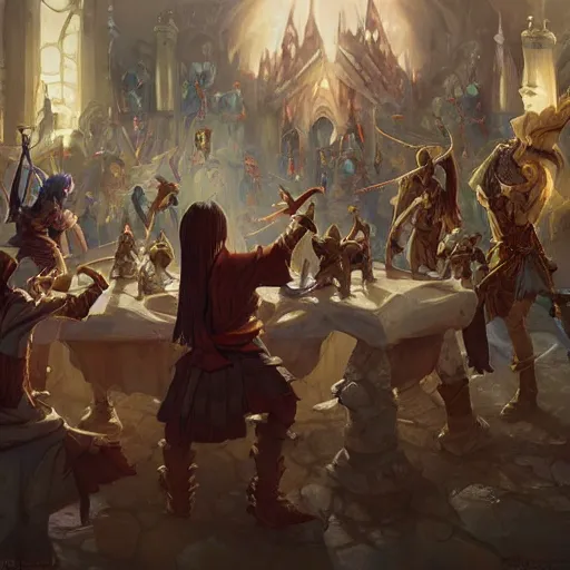 Prompt: dungeons and dragons fantasy painting, chaos and conflict, finger pointing and angry gestures, allies who long spoke in one voice now squabble over petty differences leaders in different styles of dress gesturing angrily across a council table, anime inspired by krenz cushart, evening lighting, by brian froud jessica rossier and greg rutkowski