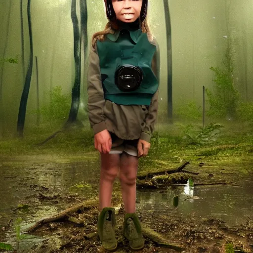 Image similar to thin little girl in a swamp wearing old gas mask. Water to her knees. Bayou. Dark Green forest. Late night. Cloudy. Foggy. Fireflies fly around