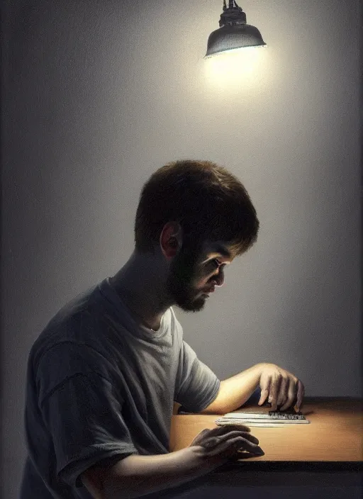 Prompt: insanely detailed chiaroscuro image of a sleepy - looking programmer guy on his knees in front of his glowing ultrawide monitor begging for forgiveness, oil on canvas, masterwork, fine detail, trending on artstation, emotive, insanely compelling, ryden, koons, moebius