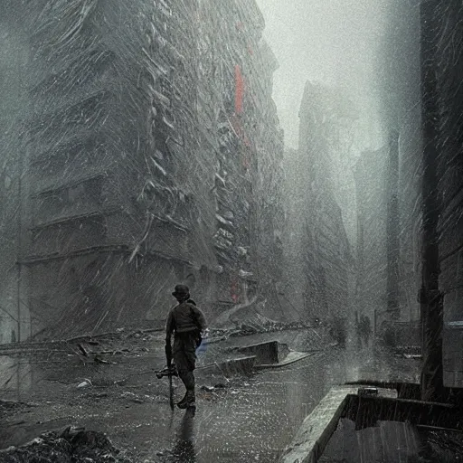 Prompt: aesthetic, soldier in the trenches, slowly walking away from a fire, rainy and foggy environment, hyper detailed 3 d matte painting by federico pela + greg rutkowski