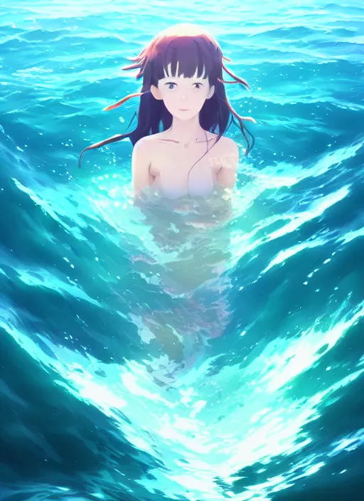 Prompt: portrait of a cute girl swimming in the ocean, illustration concept art anime key visual, very trippy and abstract, trending pixiv fanbox by wlop and greg rutkowski and makoto shinkai and studio ghibli and kyoto animation