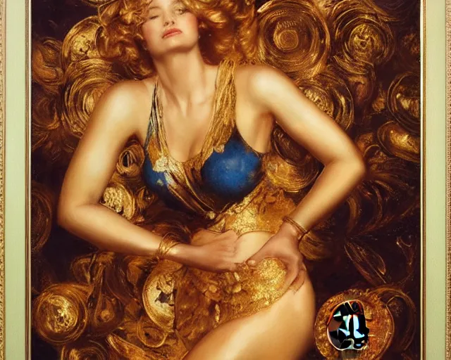 Prompt: attractive woman posing in front of a huge golden bitcoin, commercial by annie liebovitz, gaston bussiere, craig mullins, j. c. leyendecker