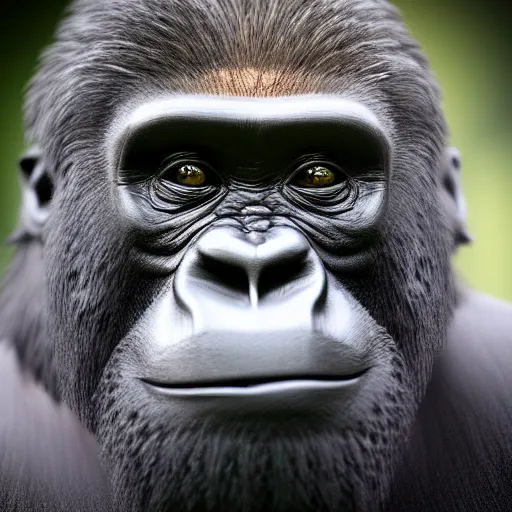 Image similar to amazing portrait of smile gorilla, 1 0 0 mm, natural lighting, hyper realistic