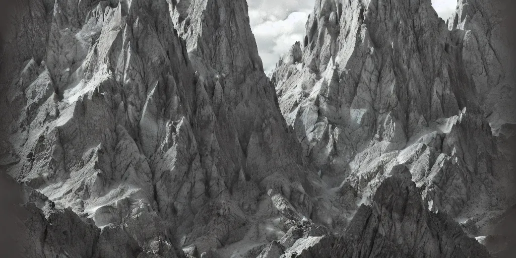 Prompt: dolomite mountain crumbling, smiling, dolomites in background, dark, eerie, despair, portrait photography, artstation, adward winning, artstation, highly detailed, sharp focus, by caravaggio