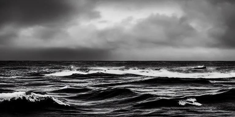 Prompt: a black and white photo of a stormy ocean with a single small boat in the waves, an album cover by hallsteinn sigurðsson, trending on behance, optical illusion, chillwave, concert poster, poster art, geometric, noise