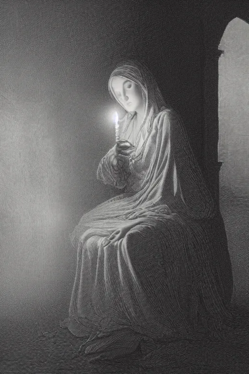 Image similar to baroque gothic woman lit by a single candle, gustave dore, 4 k resolution, concept art, mist, autumnal, chiaroscuro,