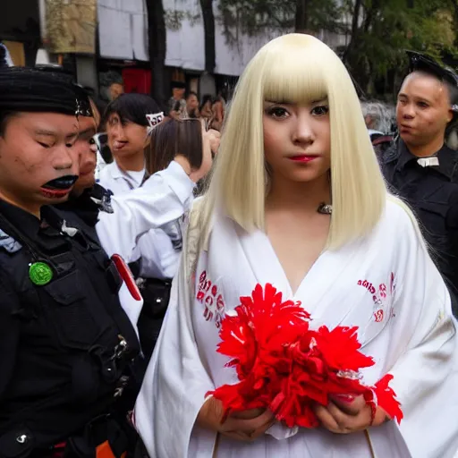 Prompt: a young woman wearing with a long blond wig wearing a white kimono decorated with red flowers and and a red obi ( sash ) in the evening, detained by police