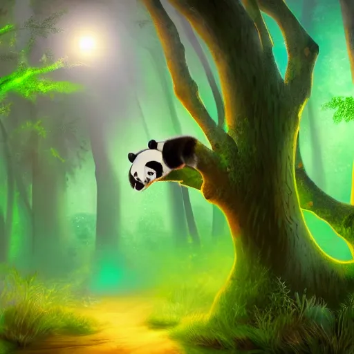 Image similar to a panda in the forest of bioluminescent mushroom ,realistic ,magical forest, 8k , digital art ,