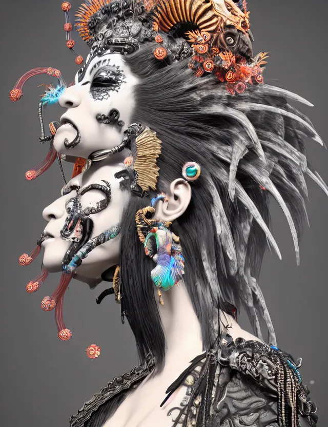 Image similar to 3 d goddess close - up profile portrait punk with mohawk in victorian style with ram skull. beautiful intricately detailed japanese crow kitsune mask and clasical japanese kimono. betta fish, jellyfish phoenix, bio luminescent, plasma, ice, water, wind, creature, artwork by tooth wu and wlop and beeple and greg rutkowski