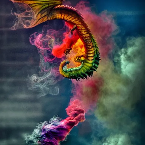 Image similar to multi color smoke, smoke has a small ( outstretched ribbed wings and head of an ancient dragon ), billowy, hdr, 8 k, 4 k