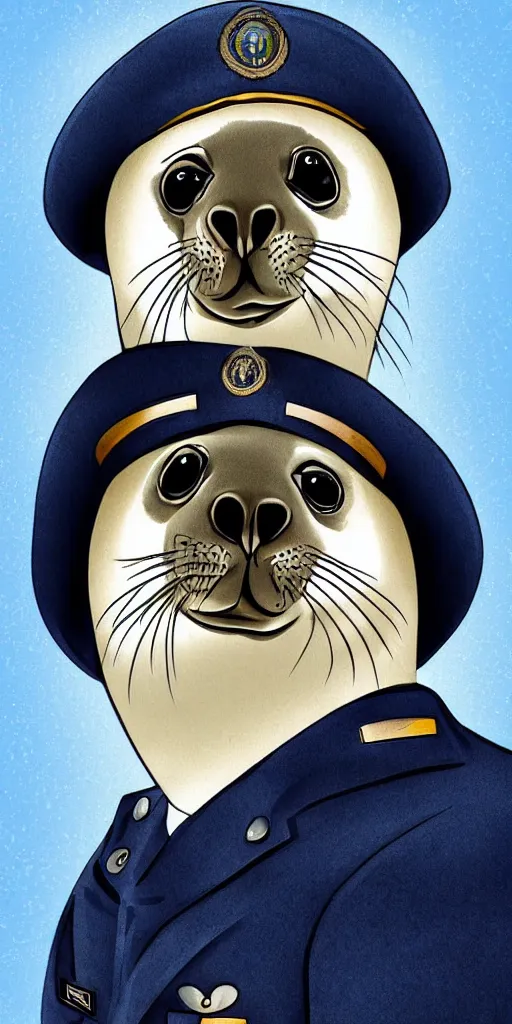 Prompt: A cute seal shown in navy uniform, digital art, extremely detailed, portrait