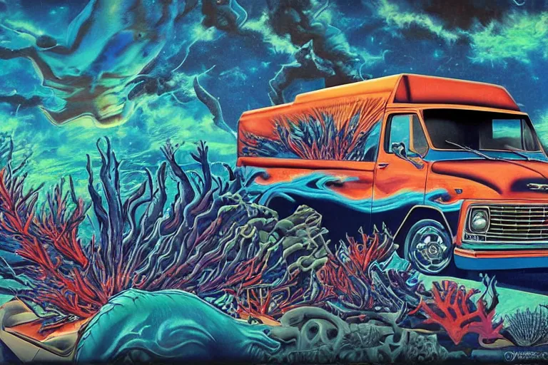 Image similar to a photo of a dark blue metallic 1 9 7 2 chevy g 1 0 panel van with an awesome airbrushed scene of a monster made of colorful coral reef emerging from the sea, 8 0 s synthwave, airbrushed, trapper keeper, lightning, explosions, creature design, monster, dinosaur