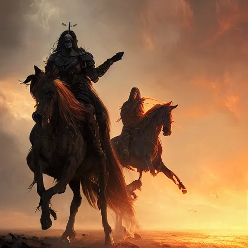 Prompt: horsemen of the apocalypse, elden ring, oil painting, smooth, sharp focused, beautifully detailed, octane render, epic, cinematic lighting, by greg rutkowski