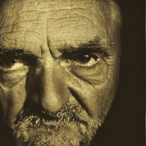 Image similar to portrait, extreme close up, sepia, beautiful light - dennis hopper, stares at the camera, night sky, stars, bruce gilden, leica s, fuji 8 0 0, grainy, low light