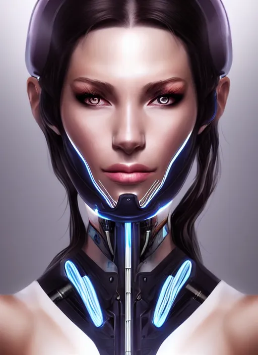 Image similar to portrait of a cyborg woman by Artgerm, (((((face turns left!!!!!))))) (((((face turns right))))), open eyes , biomechanical, hyper detailled, trending on artstation