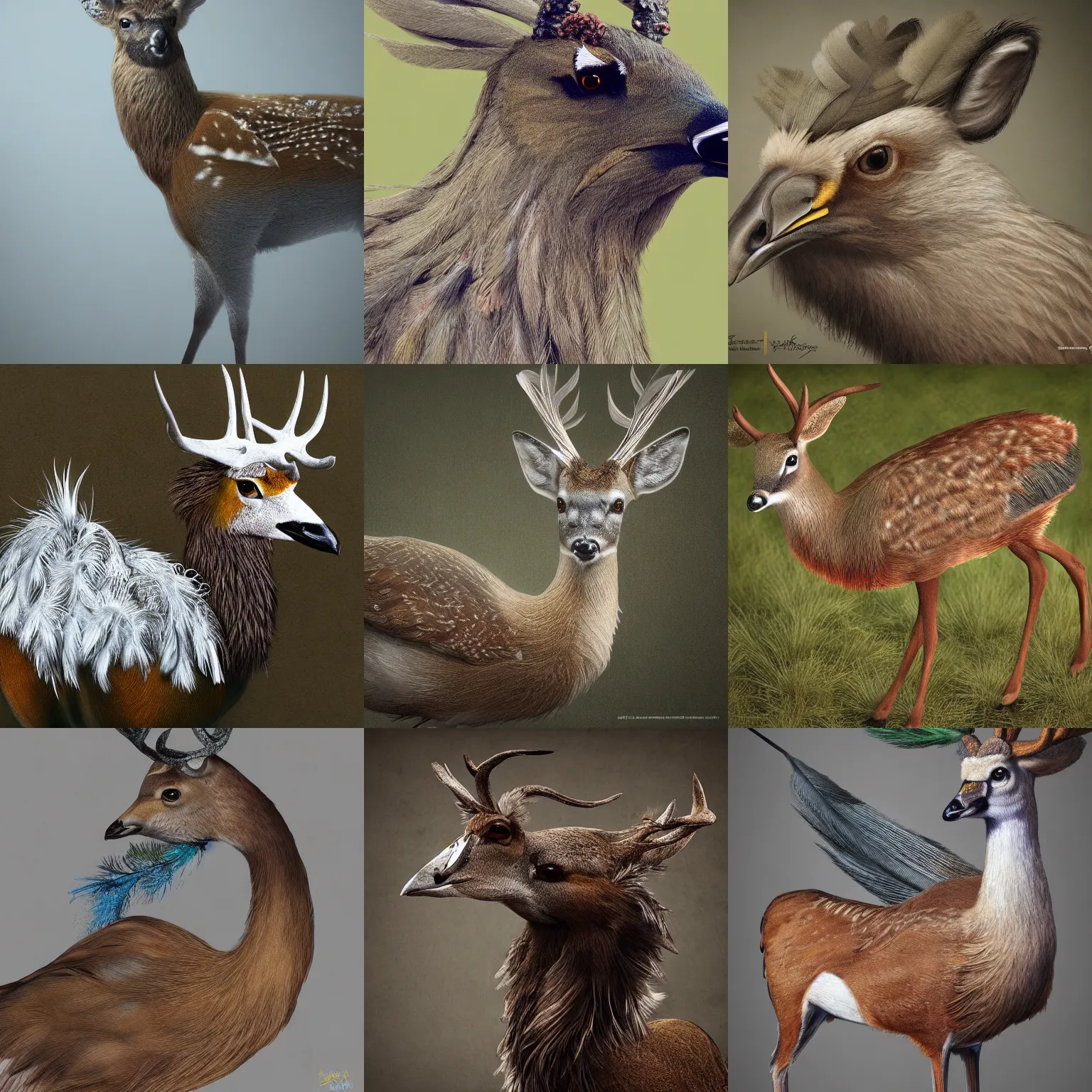 Prompt: a feathered deer with bird feathers, national geographic, peakcock feathers, photorealistic, photo, nature photography, trending on artstation, highly detailed, full body