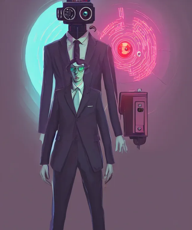 Image similar to a portrait of an anthropomorphic surveillance camera wearing a suit, pointing at the camera, cyberpunk!, fantasy, elegant, digital painting, artstation, concept art, matte, sharp focus, illustration, art by josan gonzalez