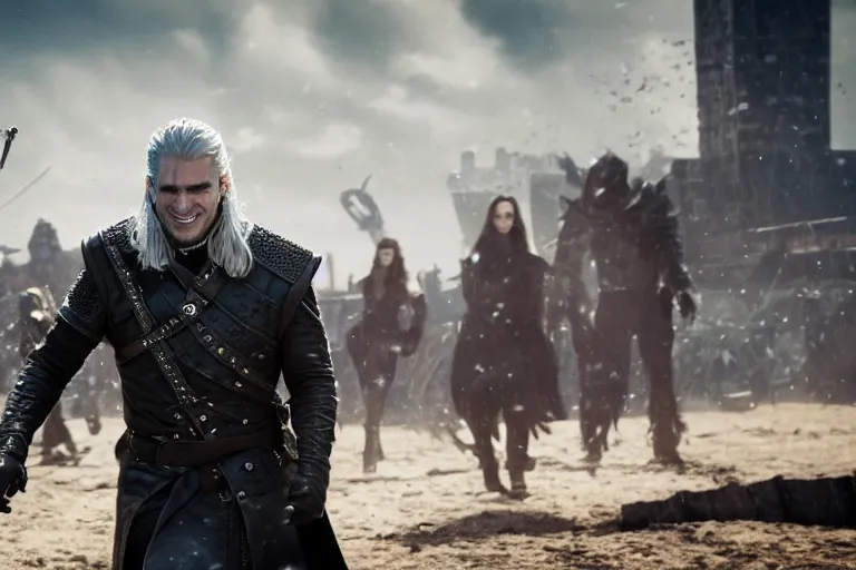 Image similar to vfx movie closeup modern suave handsome grinning vampire with long white hair, trench coat, dual wielding large revolvers, leaping into the air, low gravity in a shattered reality of new york city, cool aviators witcher show and game of thrones in new york by emmanuel lubezki