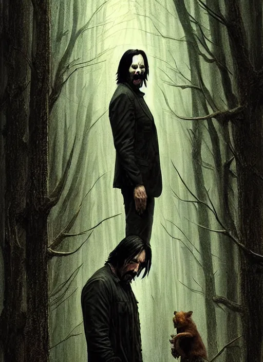 Image similar to highly detailed horror movie poster with angry creepy keanu reeves as a tree, keanu reeves faces in the bark of many trees sentient leafy catastrophe by greg rutkowski, masterpiece, really funny, 1 0 / 1 0 creepy